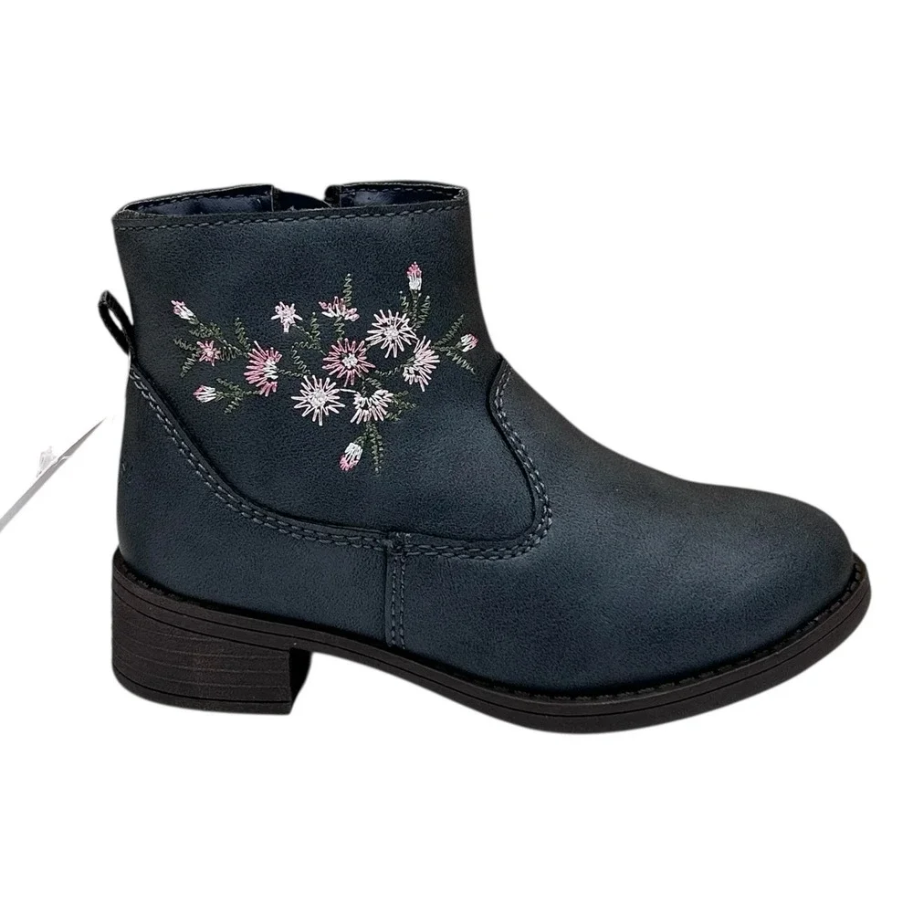 OshKosh BGosh Toddler Girls Ankle Boot Size 8 Navy Blue Flower‎ Accent Side Zip